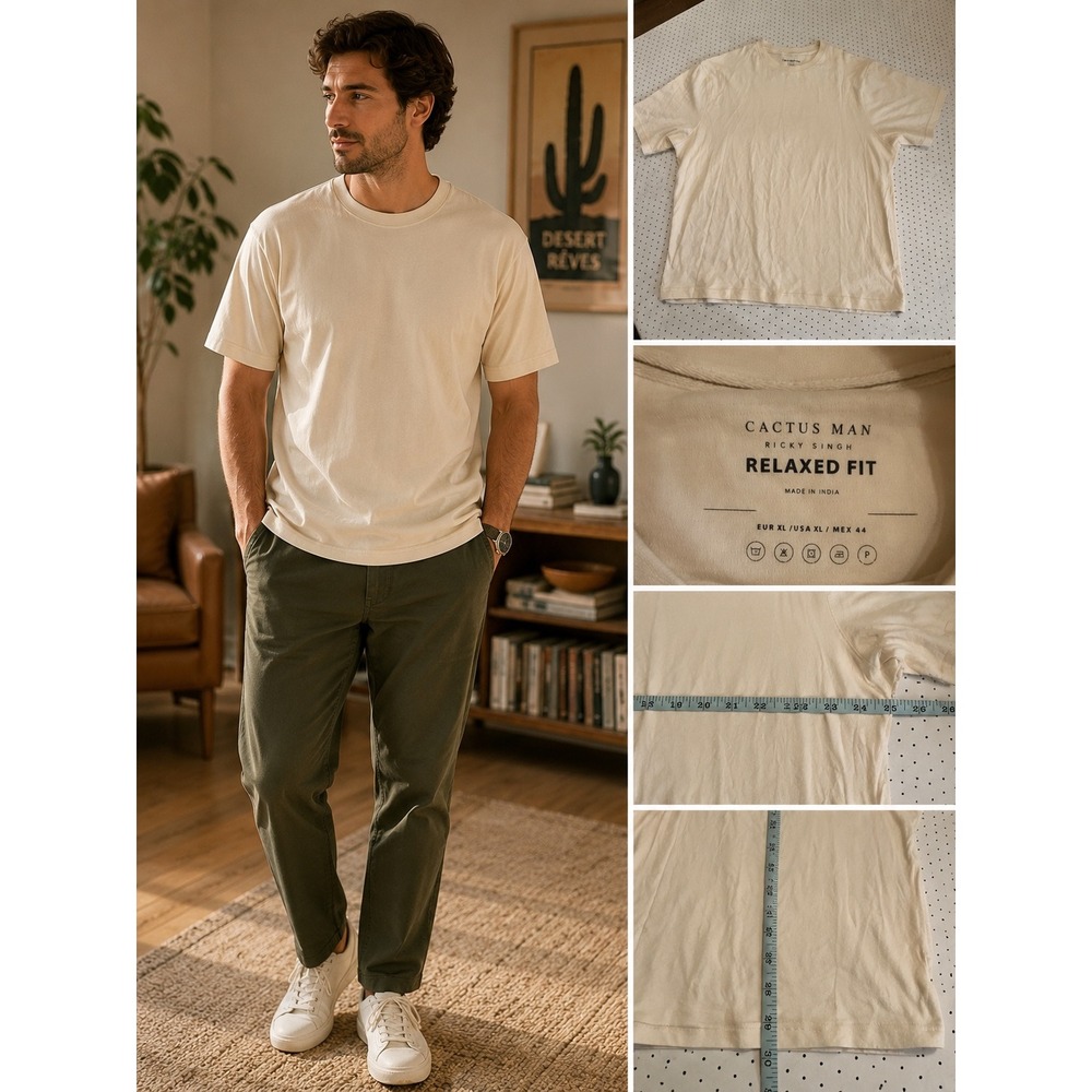 Cactus Man Ricky Singh Mens XL Cream Relaxed Fit 100% Cotton Short Sleeve Tee